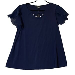Adele & May Womens XL Blouse Navy Blue Rhinestone Cutout Flutter Sleeve Top NEW
